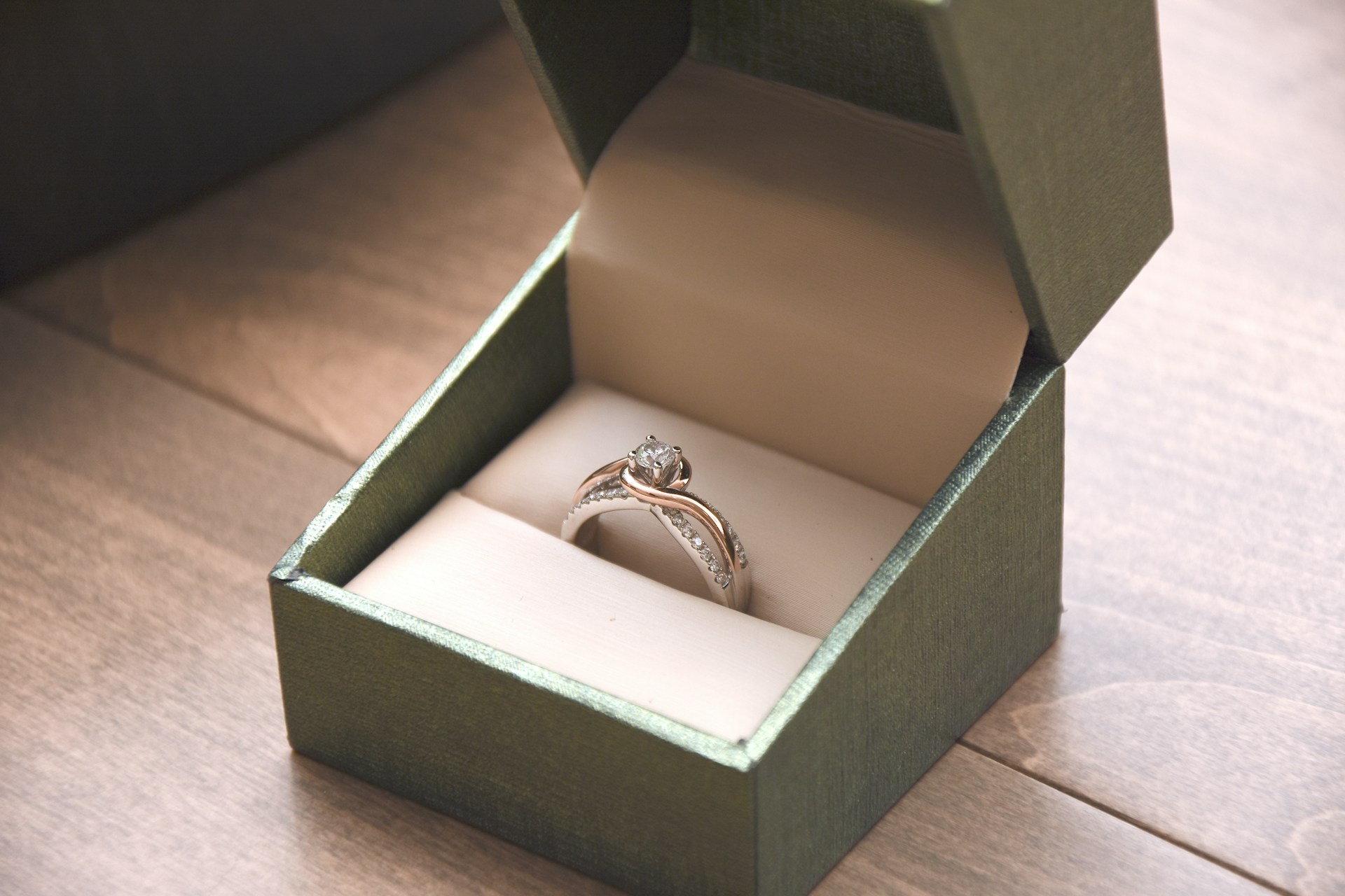 An engagement ring in an open box
