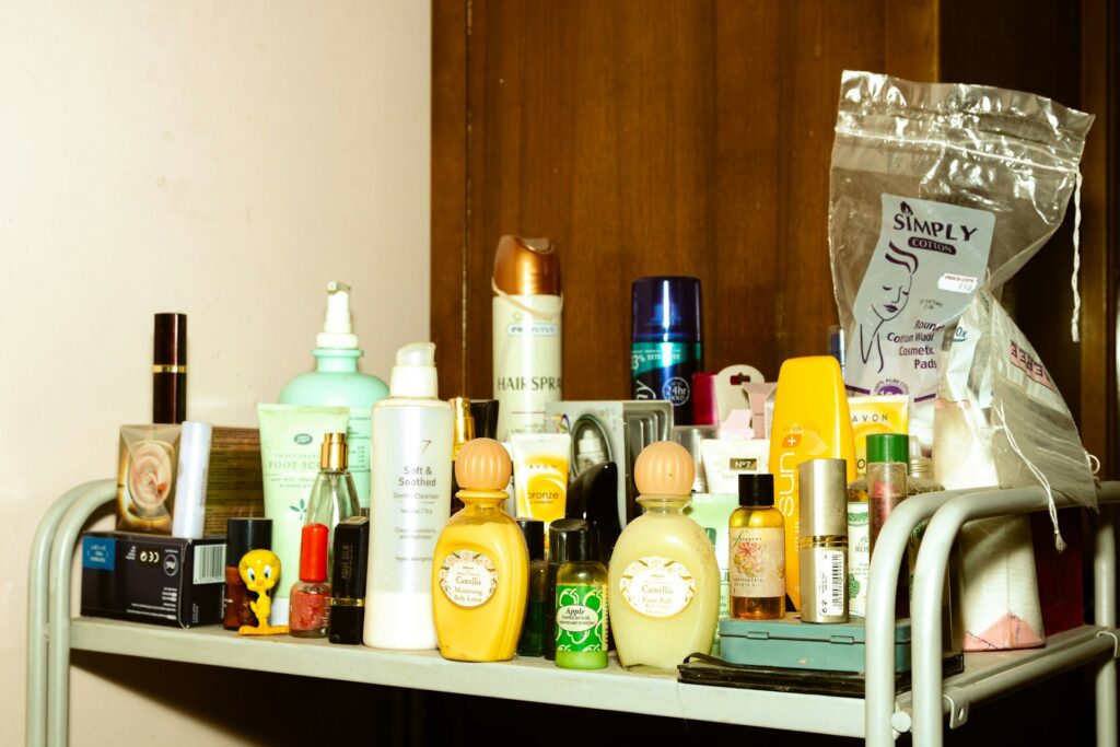 A shelf of toiletries