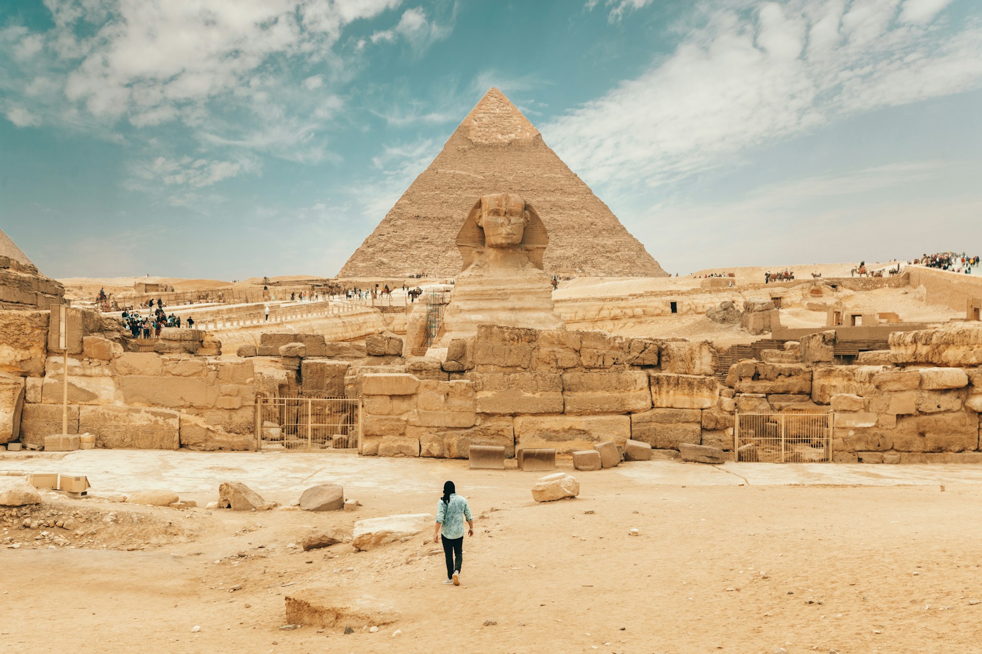 The Great Pyramid and a sphinx