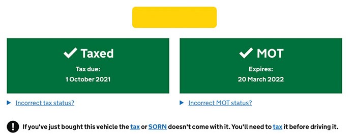 A screenshot of the gov.uk website, confirming car tax and MOT are up to date