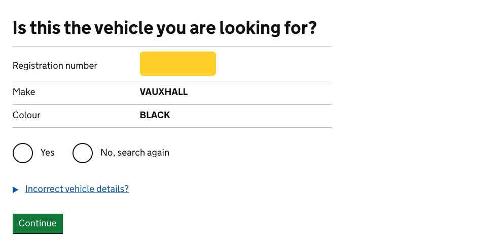 Screenshot of gov.uk website, asking user to confirm if vehicle registration details are correct