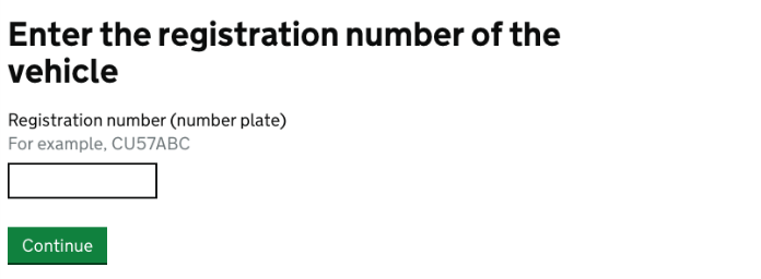 Screenshot of the gov.uk website, car tax portal prompting to enter car registration number