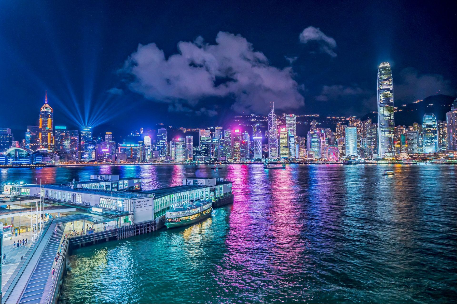 Bright neon lights across the Hong Kong skyline and river